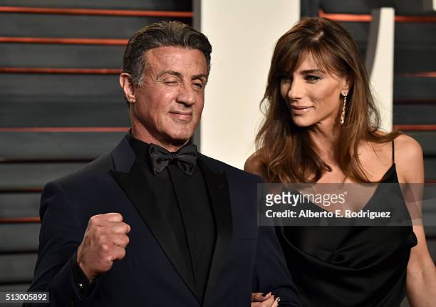Actor Sylvester Stallone and Jennifer Flavin attend the 2016 Vanity Fair Oscar Party hosted By Graydon Carter at Wallis Annenberg Center for the...