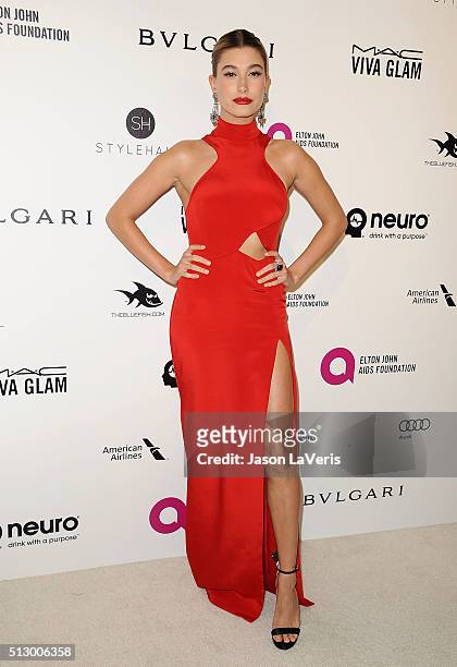 Hailey Rhode Baldwin attends the 24th annual Elton John AIDS Foundation's Oscar viewing party on February 28, 2016 in West Hollywood, California.