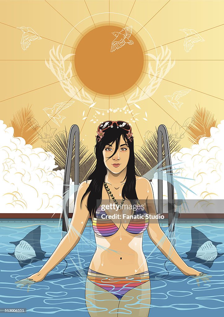 Illustration of attractive young woman girl wearing bikini standing in swimming pool