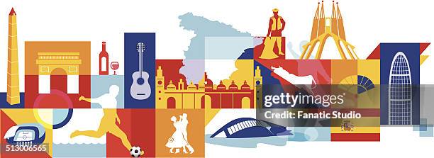 illustrative collage of spain over white background - city of arts and sciences valencia stock illustrations