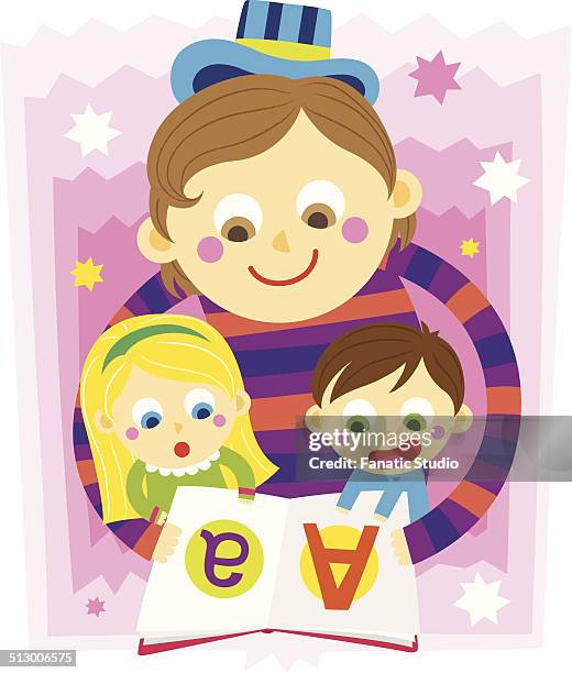 illustration of mother teaching children letter a - fraternal twins boy and girl stock illustrations