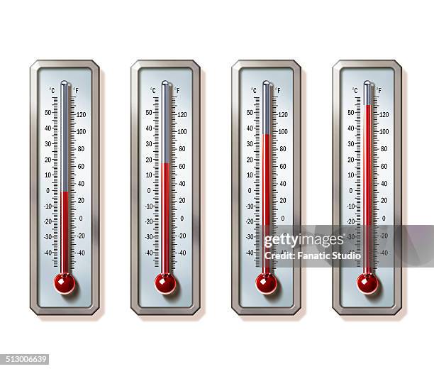 ilustrações, clipart, desenhos animados e ícones de illustrative image of thermometers showing rising temperatures over white background representing global warming - termometro mercurio