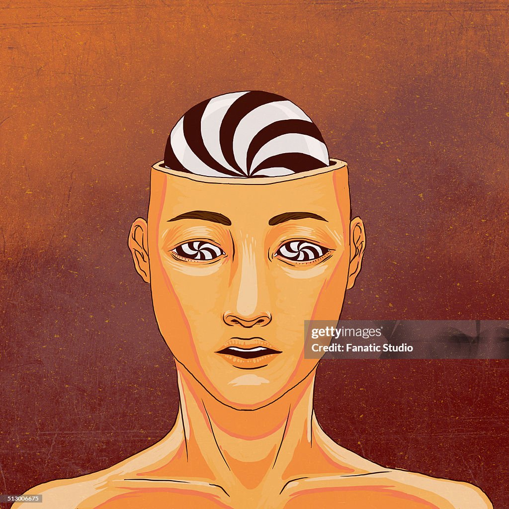Illustrative image of man with striped eyes and brain representing psychedelic