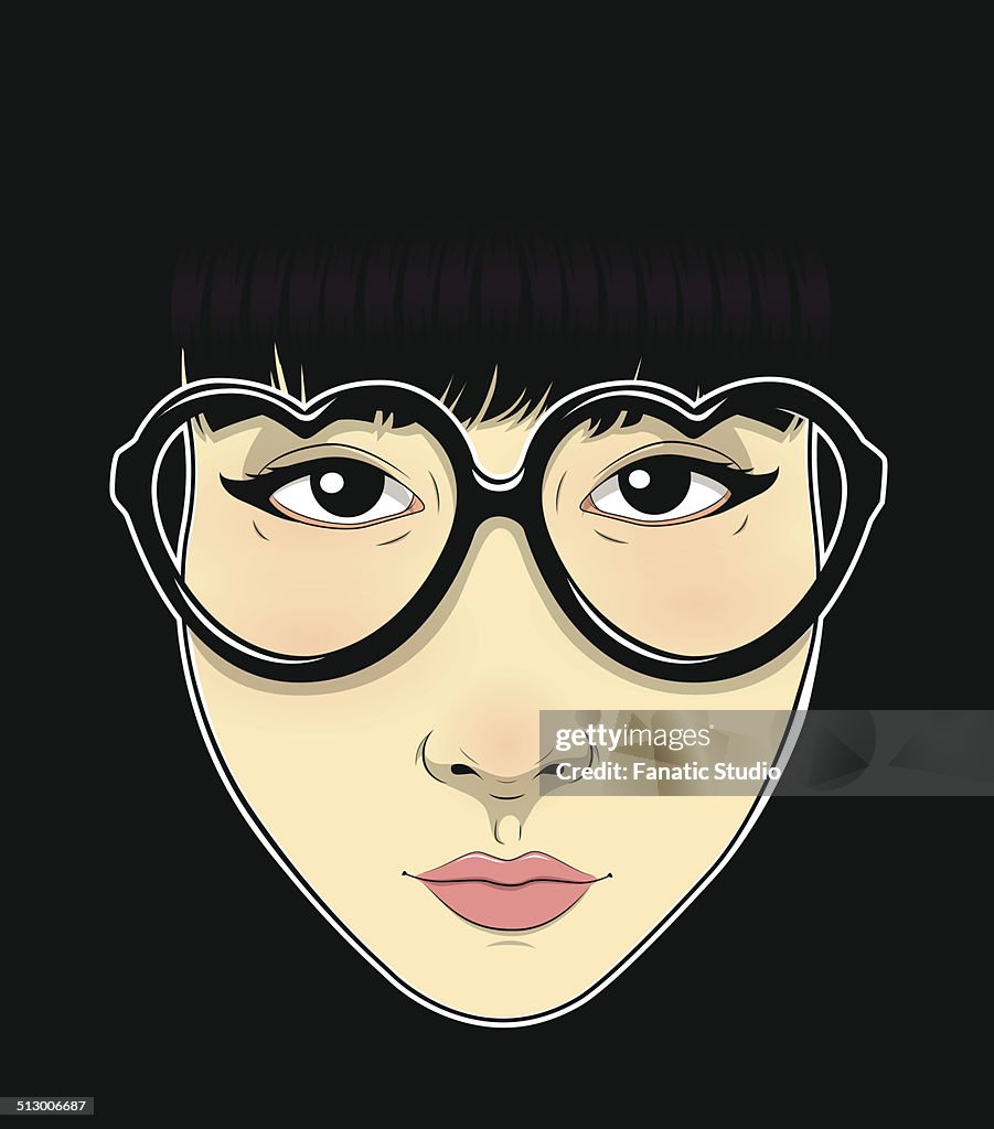 Illustration of trendy teenage girl wearing heart shape glasses against black background