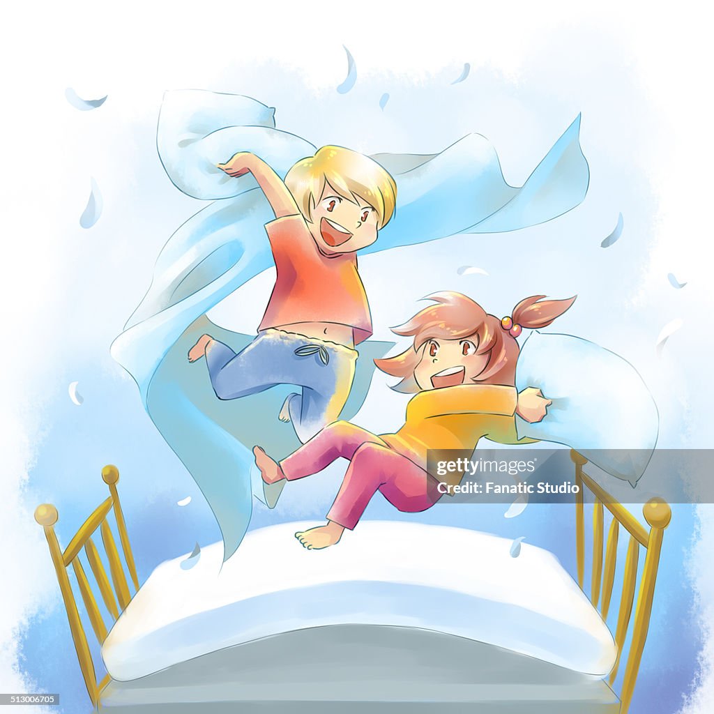 Illustration of happy children pillow fighting on bed