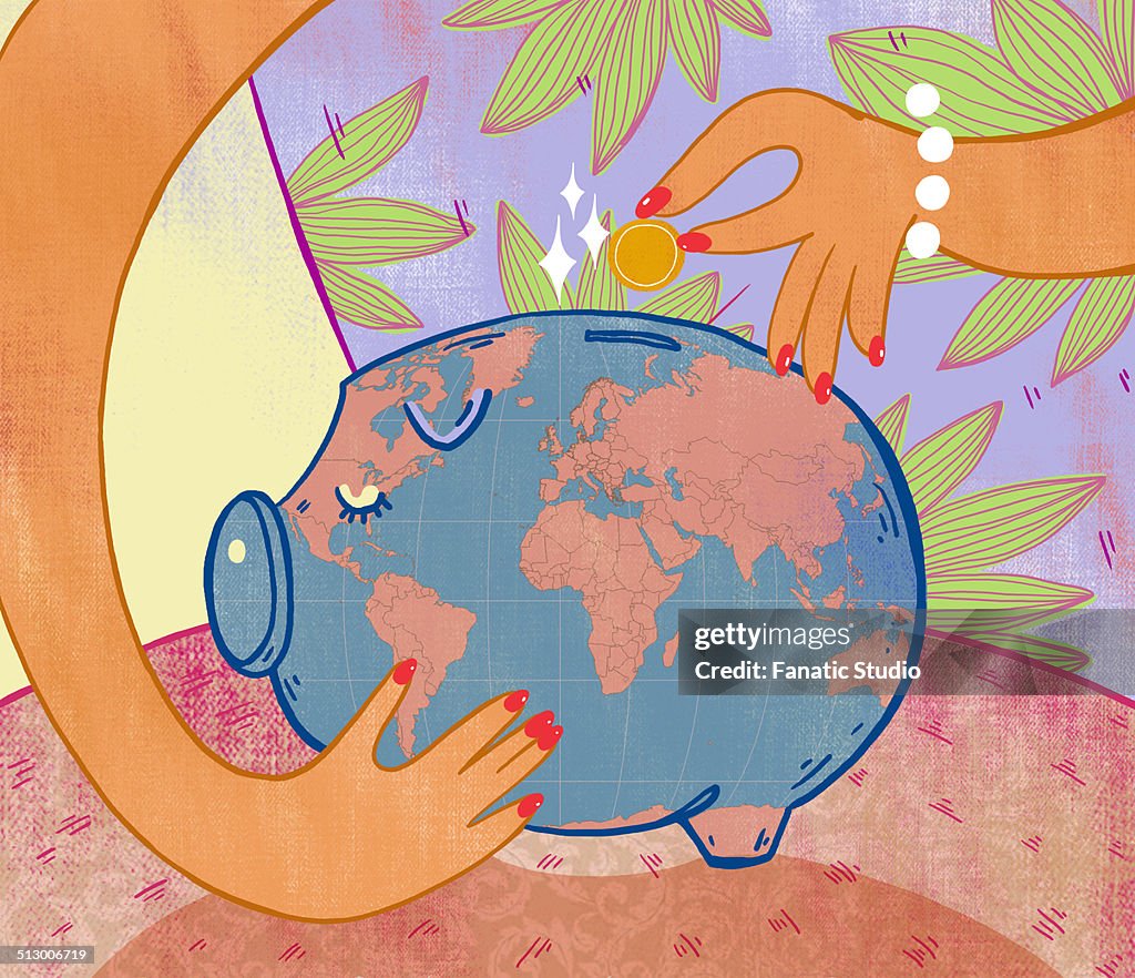 Illustrative image of woman inserting coin in piggybank representing savings