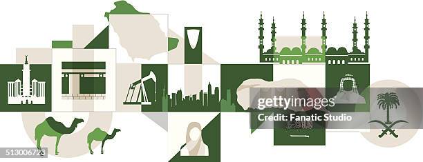 illustrative collage of saudi arabia over white background - saudi arabien stock-grafiken, -clipart, -cartoons und -symbole