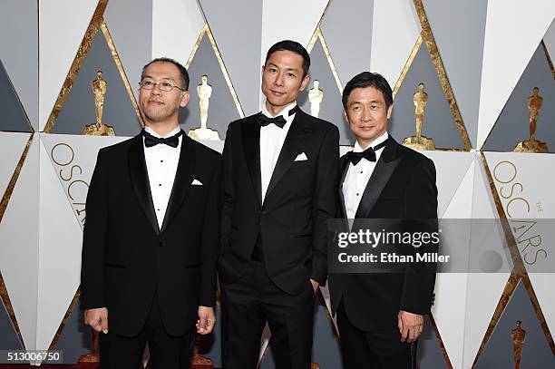 Animator Hiromasa Yonebayashi, producer Yoshiaki Nishimura and production designer Yohei Taneda attend the 88th Annual Academy Awards at Hollywood &...