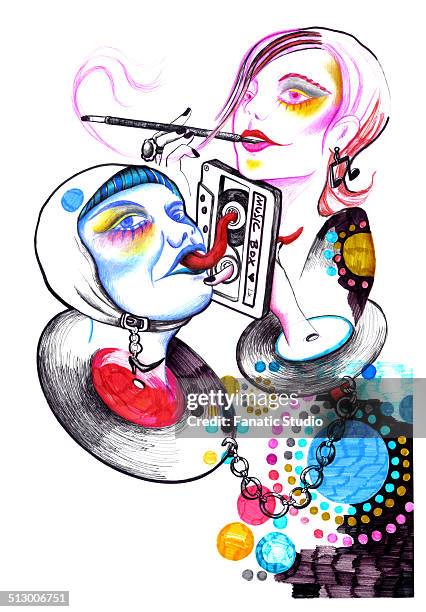 illustration of women with discs and cassette representing clubbing over white background - djiang stock illustrations