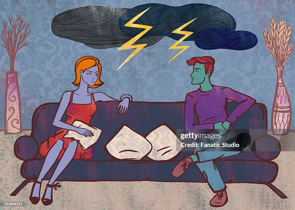 Illustrative image of clouds with lightening over couple representing relationship difficulty