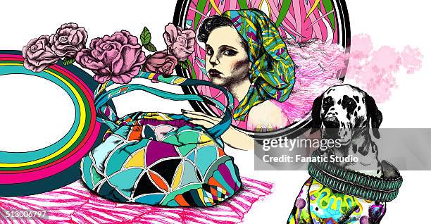 stockillustraties, clipart, cartoons en iconen met illustration of woman with personal accessories and dog over white background - lap dog