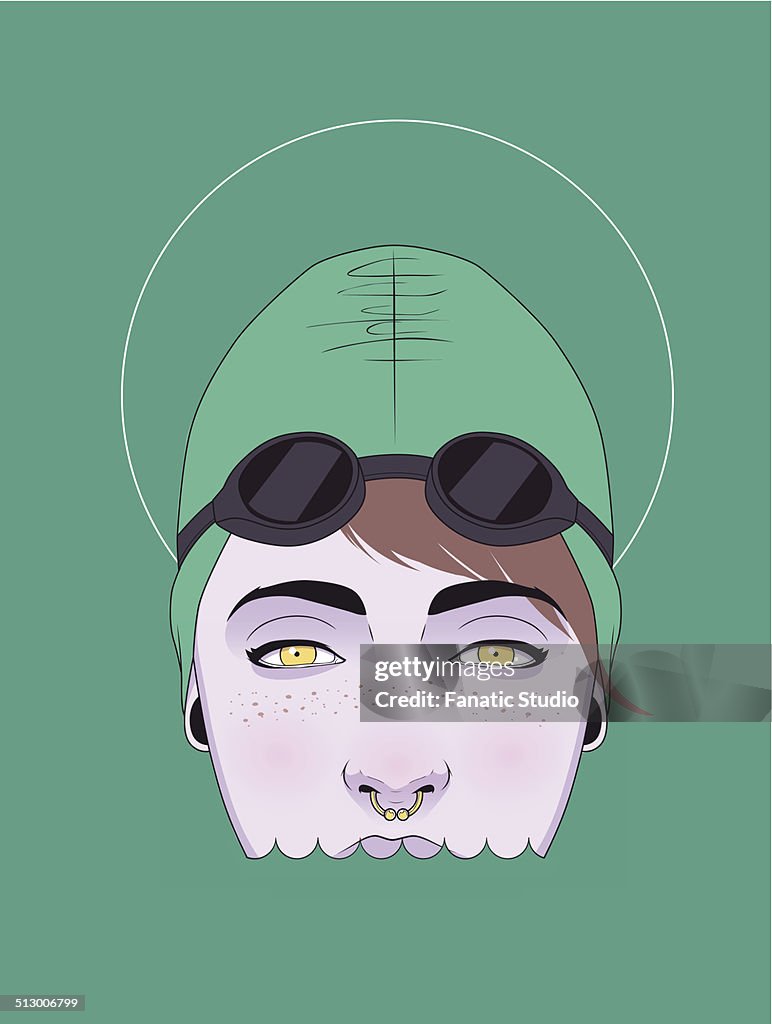 Illustration of woman in trendy swimming cap and goggles against green background