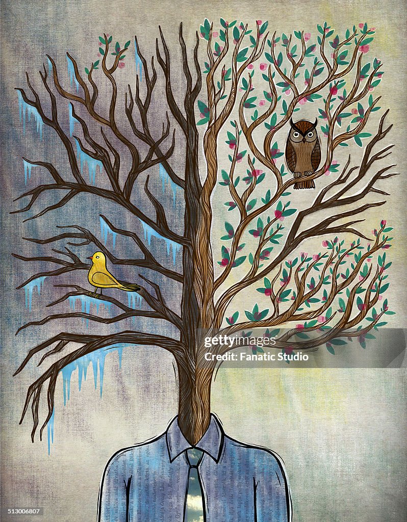 Illustration of man with tree head representing bipolar disorder