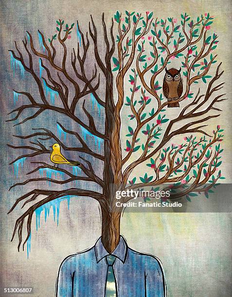 illustration of man with tree head representing bipolar disorder - bipolar disorder stock illustrations