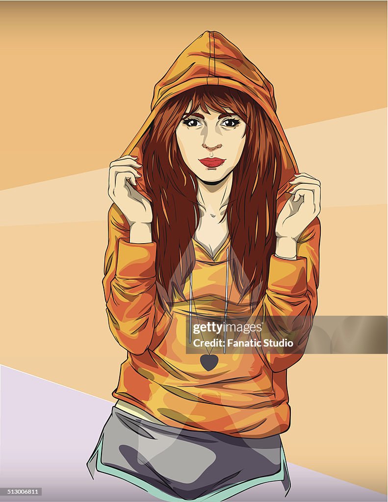 Illustration of trendy teenage girl in orange hooded jacket against colored background