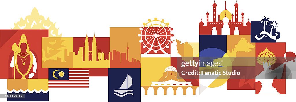 Illustrative collage of Malaysia over white background
