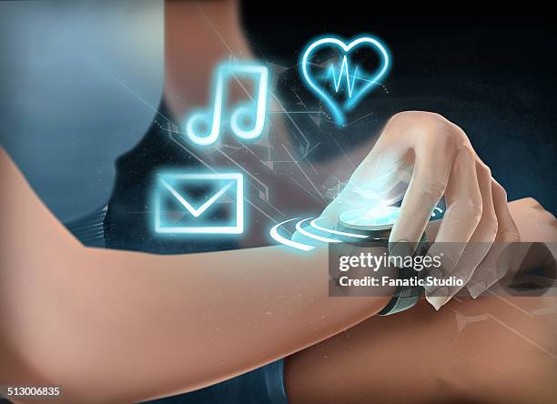 illustration of woman wearing futuristic wristwatch - multiple smart devices stock-grafiken, -clipart, -cartoons und -symbole