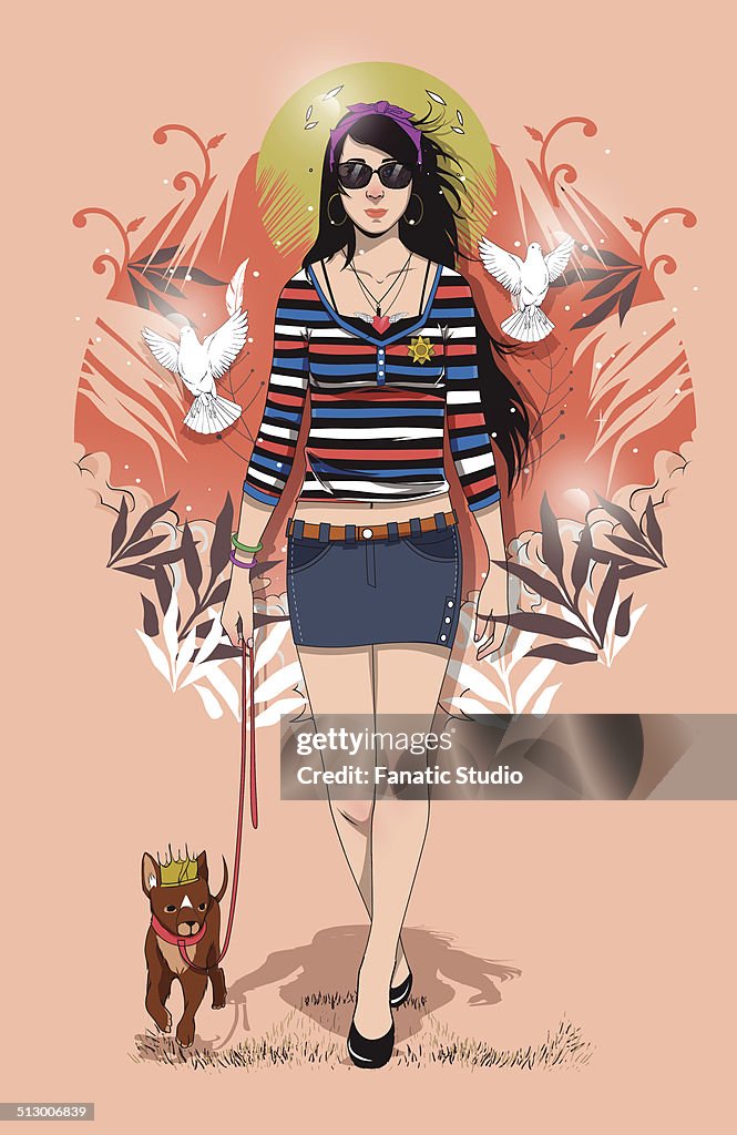 Illustration of fashionable woman walking with cute dog