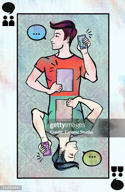 illustration of men using technologies on playing card - holding chat bubble stock illustrations
