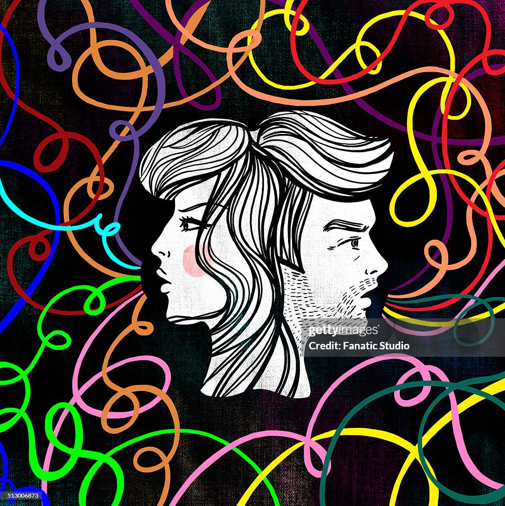 Illustrative image of couple with tangled lines representing relationship differences