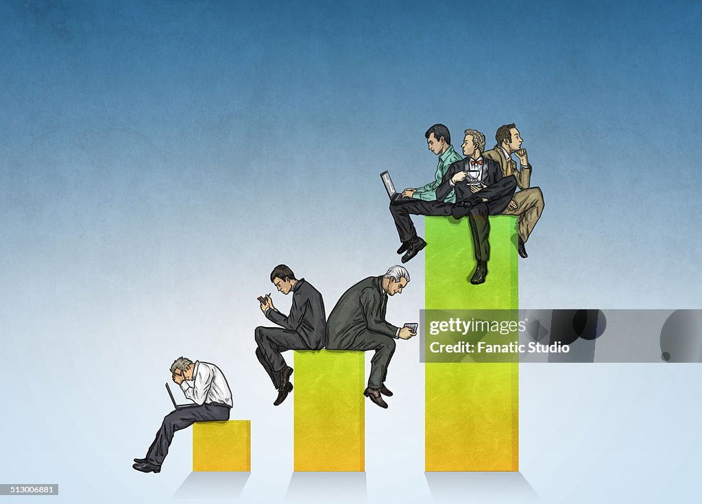 Illustrative image of various businesspeople on top of bar graph representing profit and loss