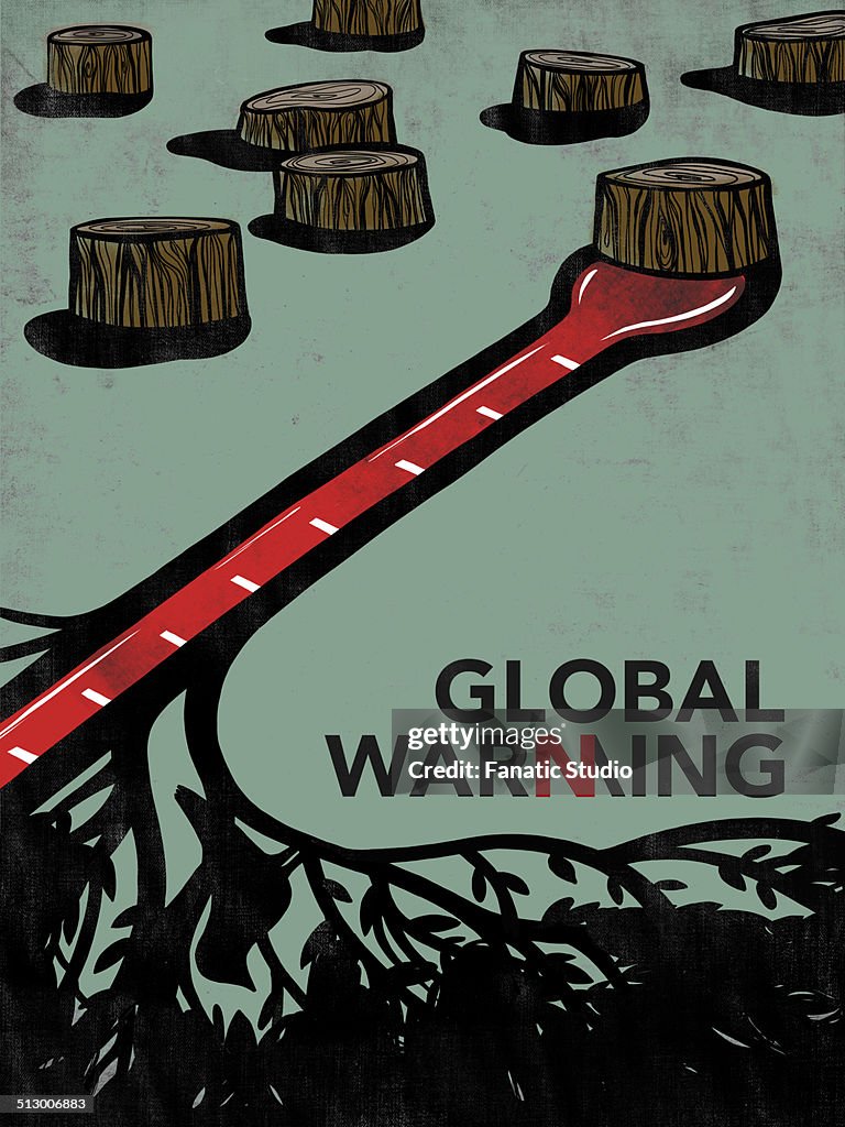 Illustrative image of tree stumps with thermometer representing global warming