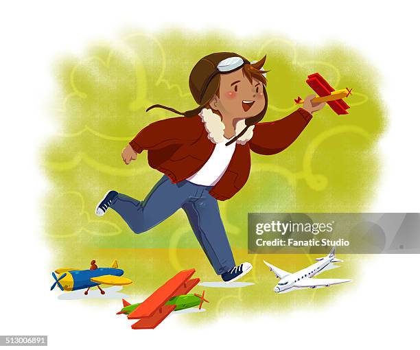 illustrative image of boy flying toy airplane representing aspiration - airline pilot stock illustrations