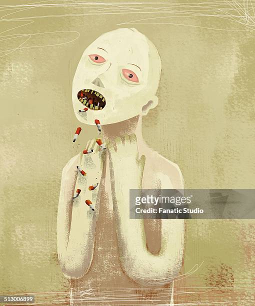 illustration of sick man vomiting cigarettes over colored background - man looking inside mouth illustrated stock illustrations