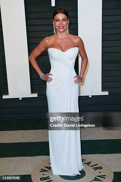 Actress Sofia Vergara arrives at the 2016 Vanity Fair Oscar Party Hosted by Graydon Carter at the Wallis Annenberg Center for the Performing Arts on...