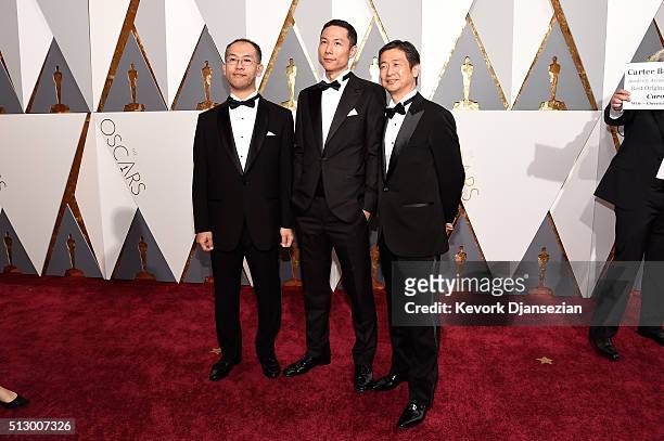 Animator Hiromasa Yonebayashi, producer Yoshiaki Nishimura and production designer Yohei Taneda attend the 88th Annual Academy Awards at Hollywood &...