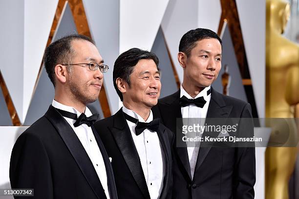 Animator Hiromasa Yonebayashi, producer Yoshiaki Nishimura and production designer Yohei Taneda attend the 88th Annual Academy Awards at Hollywood &...