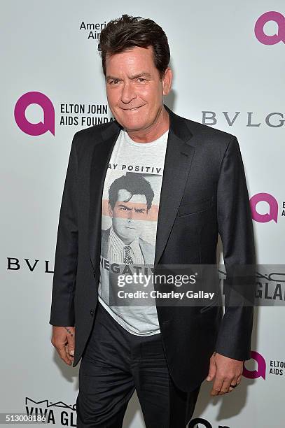 Actor Charlie Sheen attends Neuro at the 24th Annual Elton John AIDS Foundation's Oscar Viewing Party at The City of West Hollywood Park on February...