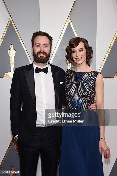 Nominee for Best Live Action Short Film 'Stutterer' Benjamin Cleary and actor Chloe Pirrie, wearing a custom dress by Hilfiger Collection, attends...