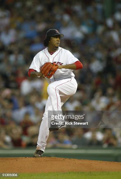 Pedro Martinez of Boston Red Sox delivers against the Texas Rangers on September 3, 2004 at Fenway Park in Boston, Massachusetts.
