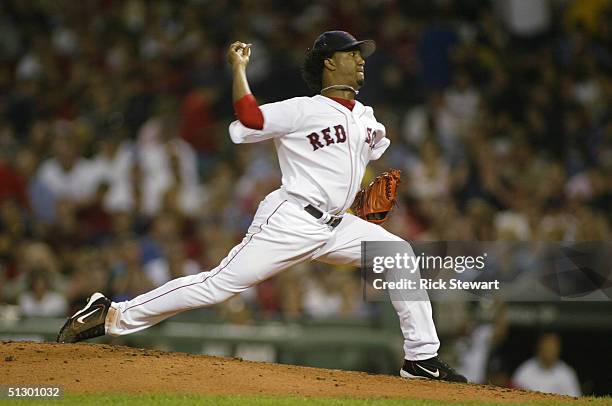 Pedro Martinez of Boston Red Sox delivers against the Texas Rangers on September 3, 2004 at Fenway Park in Boston, Massachusetts.
