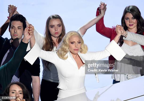 Singer-songwriter Lady Gaga performs onstage during the 88th Annual Academy Awards at the Dolby Theatre on February 28, 2016 in Hollywood, California.