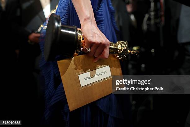 Actress Brie Larson, winner of the Best Actress award for 'Room,' attends the 88th Annual Academy Awards at Dolby Theatre on February 28, 2016 in...