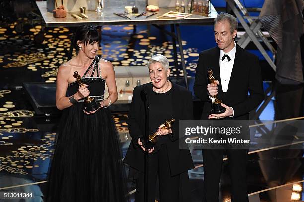 Elka Wardega, Lesley Vanderwalt and Damian Martin accept the Best Makeup and Hairstyling award for 'Mad Max: Fury Road' onstage during the 88th...