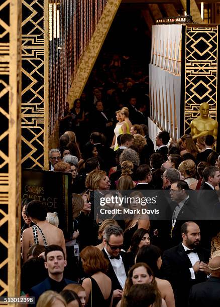 Wide view of people walking the red carpet is seen during the 88th Annual Academy Awards at Hollywood & Highland Center on February 28, 2016 in...