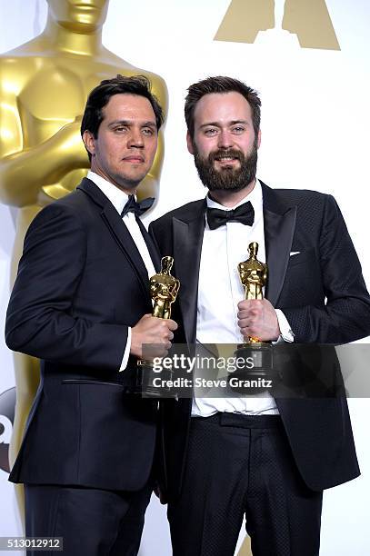 Producer Shan Christopher Ogilvie and director Benjamin Cleary, winners of the Best Live Action Short award for 'Stutterer,' pose in the press room...