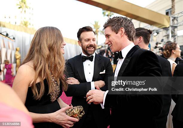 Hannah Redmayne, actors Jason Sudeikis and Eddie Redmayne attend the 88th Annual Academy Awards at Hollywood & Highland Center on February 28, 2016...