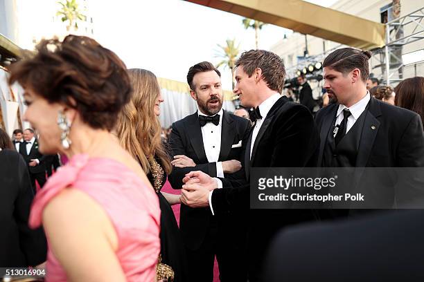 Hannah Redmayne, actors Jason Sudeikis and Eddie Redmayne attend the 88th Annual Academy Awards at Hollywood & Highland Center on February 28, 2016...