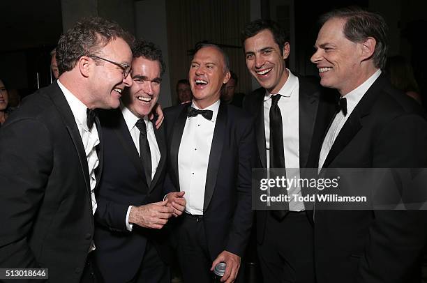 Writer/Director Tom McCarthy, Brian d'Arcy James, Michael Keaton, Writer Josh Singer and Open Road's Tom Ortenberg attend the SPOTLIGHT Oscar...