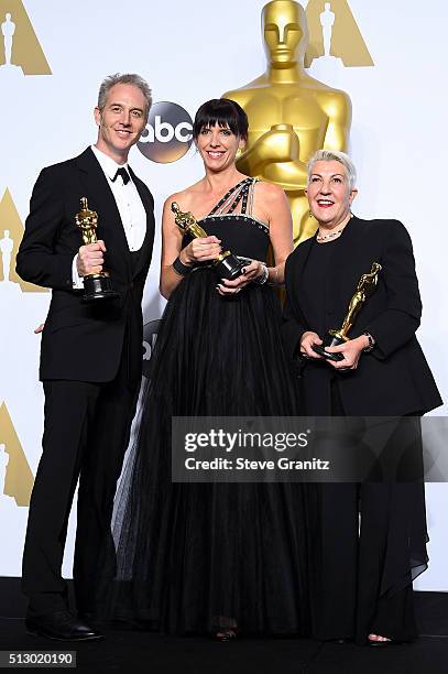 Makeup artists Damian Martin, Elka Wardega and Lesley Vanderwalt, winners of the Best Makeup and Hairstyling award for 'Mad Max: Fury Road,' poses in...