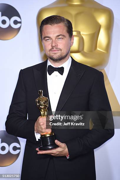 Actor Leonardo DiCaprio, winner of the award for Best Actor in a Leading Role for 'The Revenant,' poses in the press room during the 88th Annual...