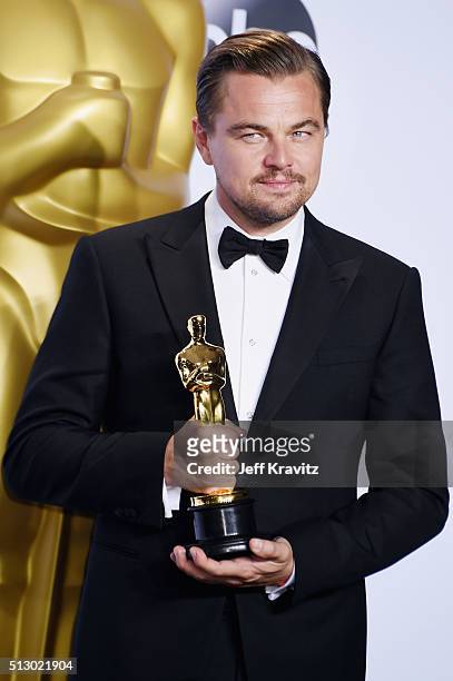 Actor Leonardo DiCaprio, winner of the award for Best Actor in a Leading Role for 'The Revenant,' poses in the press room during the 88th Annual...