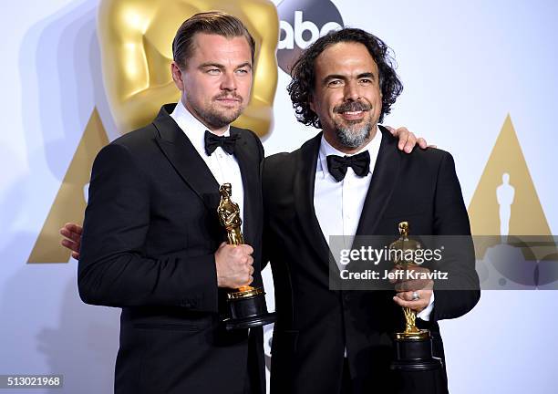 Actor Leonardo DiCaprio, winner of the award for Best Actor in a Leading Role for 'The Revenant,' and director Alejandro Gonzalez Inarritu, winner of...
