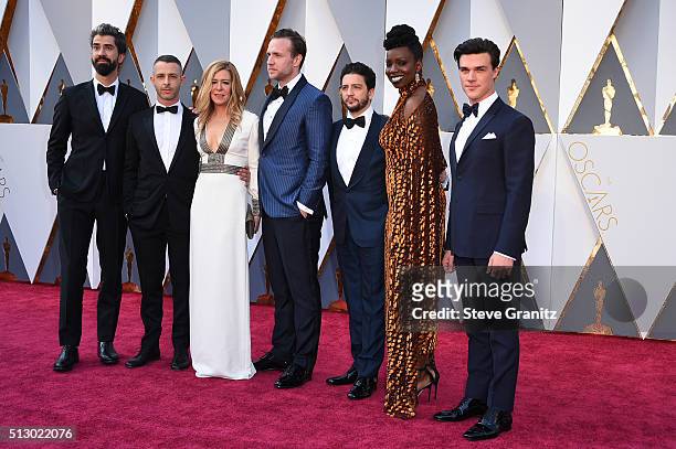 Hamish Linklater, Dede Gardner, Jeremy Kleiner, John Magaro, Effie Brown and Finn Wittrock attend the 88th Annual Academy Awards at Hollywood &...