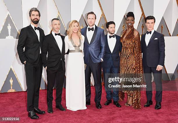 Hamish Linklater, Dede Gardner, Jeremy Kleiner, John Magaro, Effie Brown and Finn Wittrock attends the 88th Annual Academy Awards at Hollywood &...