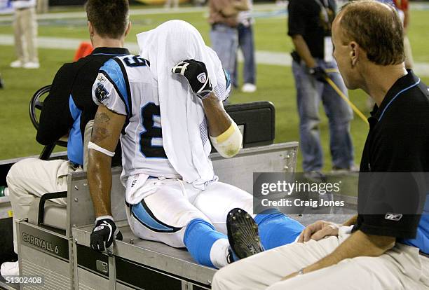 Steve Smith of the Carolina Panthers is carted off the field after injuring his leg against the Green Bay Packers on September 13, 2004 at Bank of...